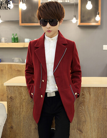 秋冬装毛呢大衣男 2015新款男士修身中长款纯色呢子风衣外套 酒红色