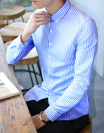 春款男士长袖条纹衬衫修身寸衣青少年发型师免烫衬衣学生潮男黑色 浅