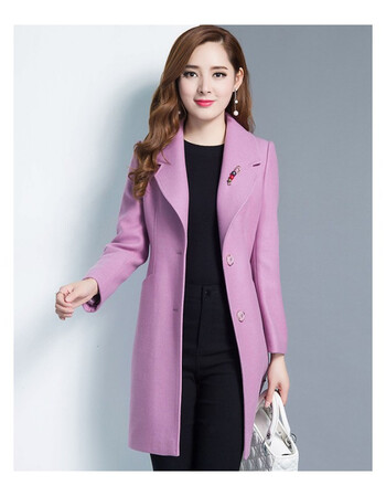大衣女中长款2018秋冬新款韩版修身收腰加厚冬季时尚毛呢外套 粉紫色