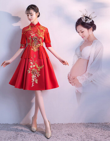 敬酒服2018新款回门孕妇新娘中式结婚礼服红色大码怀孕短款女回门宴