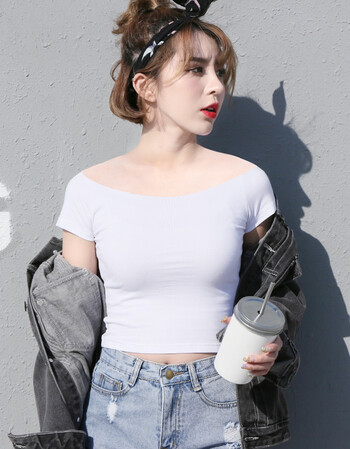 码黑色露脐短袖漏肚脐短款紧身潮高腰上衣白色t恤 短袖一字领露脐白色