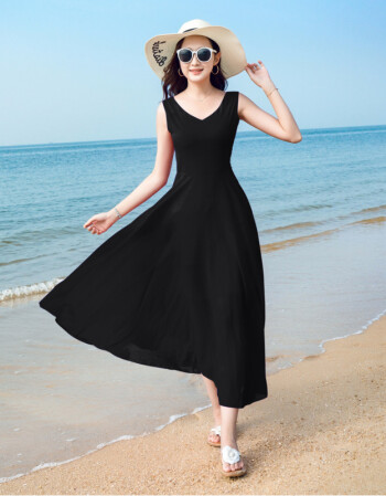 新款夏季无袖雪纺连衣裙波西米亚长裙气质修身海边度假沙滩裙 黑色