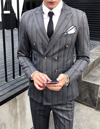英伦风男装商务绅士三件套条纹西装修身职业潮流双排扣西服礼仪服 灰