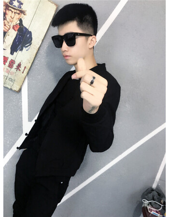 新款快手红人同款修身夹克男装社会人外套精神小伙盘扣褂子潮 黑色 xl