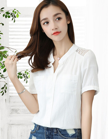 麦迪文白衬衫女夏短袖新韩版领宽松衣搭韩范无领镂空衬衣 tl1643白色