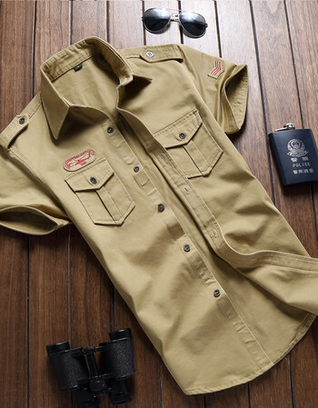 夏季衬衫男短袖修身韩版休闲薄款青年衬衣大码军装外穿潮 卡其色 2xl
