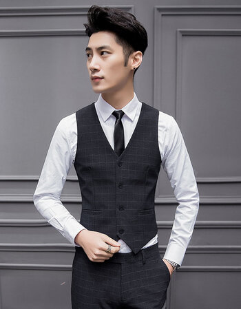 西装马甲套装男士韩版衬衫西裤三件套夏季结婚伴郎团格子西服马夹