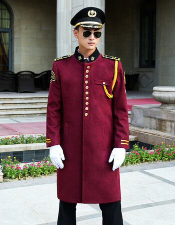 新款保安大衣酒红色时尚漂亮大气保安服冬装大衣酒店物业房产售楼部