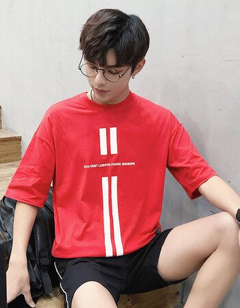 5五分短袖t恤男印花夏季男生ins同款韩版修身夏装简约上衣服 t07红 xl