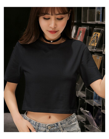 脐韩版上衣白色短款t恤女短袖宽松印花学生高腰圆领漏肚脐lbb 纯黑色