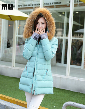 款女士韩版修身时尚大显瘦可脱卸貉子毛领中长款羽绒服外套 鸭蛋青