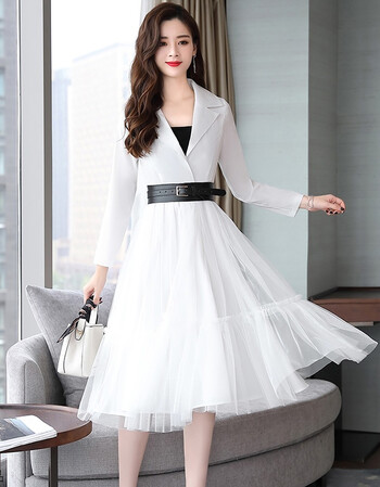 秋季长袖连衣裙女2018新款韩版时尚显瘦中长款网纱拼接气质长裙 白色