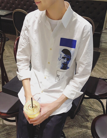仔春装新款个性头像印花韩版男士长袖衬衫男装寸衫修身衬衣男潮 白色