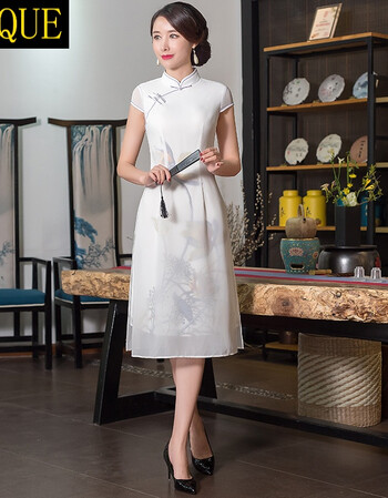 夏季新款越南正宗奥黛旗袍连衣裙中长款改良日常修身显瘦旗袍 白色 l