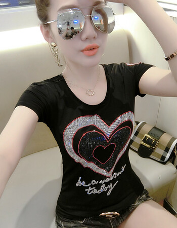 半袖烫钻体恤夏季新款潮白色修身短袖t恤女棉质百搭上衣镶钻衣服 黑色