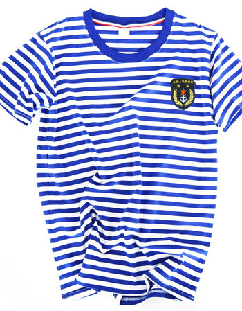 海军辽宁舰海魂衫男士短袖t恤蓝白条纹纯棉刺绣半袖打底衫 海君臂章 m