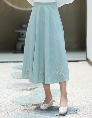 夏季新款民族风女裙复古文艺绣花宽松显瘦中长款a字棉麻半身裙j 青色