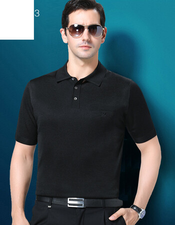 深色t恤男短袖桑蚕丝冰丝polo衫中老年男士宽松亮丝上衣5 黑色m8803