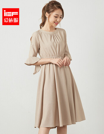 ief/爱依服2018夏季新款韩版气质修身纯色中长款七分袖连衣裙女9606n