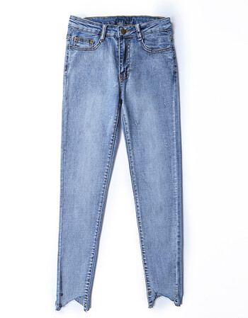 艾莱莎妃2018秋高腰紧身牛仔裤女九分裤弹力显瘦不规则小脚裤 蓝色 s