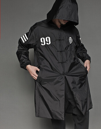 花笙记民族复古中国风男防雨盘扣99乾坤连帽长风衣休闲宽松秋 黑色 xl