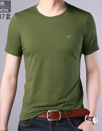 阿玛尼短袖t恤男青年男装圆领夏季修身男土丅恤丝光棉体恤潮 绿色 170