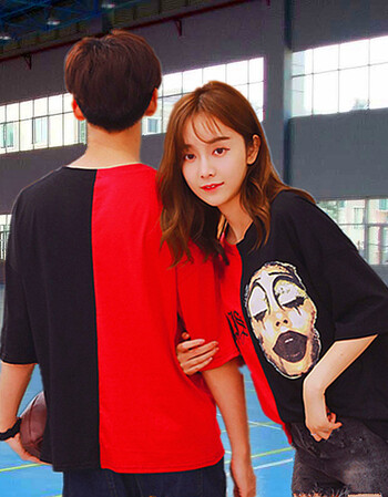 港风情侣t恤夏装潮牌半袖宽松社会bf情侣装上衣嘻哈男女短袖个性 拼接