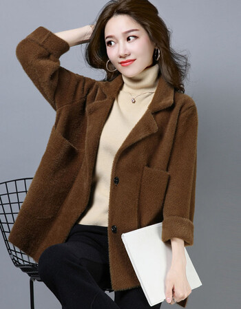 莱帛妮雅毛茸茸毛衣女开衫短款宽松韩版加厚防水貂绒外套2018秋冬季