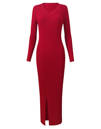 长款过膝开叉毛衣长裙气质针织连衣裙秋冬内搭包臀打底衫 v领中国红