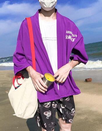 日系道袍和服男女外套港风七分袖衬衫宽松开衫衣yl 全员暴富紫色 m