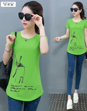 图案短轴短袖t恤夏装丅侐皿裇女学生韩版衣服修身夏天短衫土 风车绿色