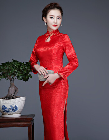 2018春夏新款改良长款红色双层加厚宴会迎宾演出走秀旗袍 红色长款 xl