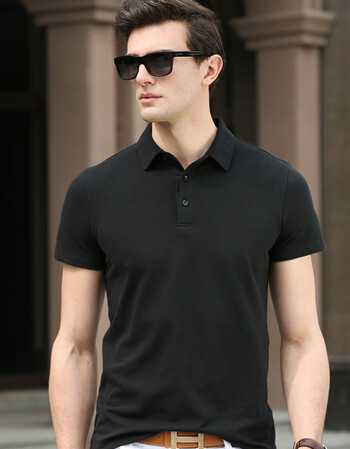 夏季薄款纯棉男士短袖衬衣领polo衫中年商务t恤男半袖开领男体恤 黑色