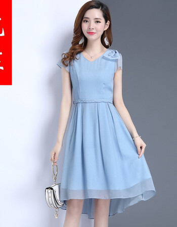 2018夏新款裙子女韩版v领修身大摆裙中长款短袖雪纺连衣裙 蓝色 3xl