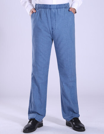 中老年人男裤夏季休闲裤70岁60爸爸裤亚麻松紧腰80老人爷爷长裤子 篮