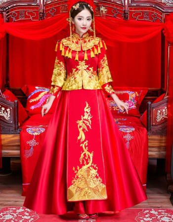 瑪尚購 新款秀禾服中式嫁衣新娘婚紗結婚禮服大紅色流蘇披肩修身顯瘦