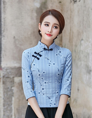 换季民国风唐装女改良旗袍上衣中国风古装服装复古盘扣茶服套装 蓝色