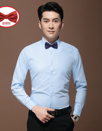 夏季新郎服装伴郎团结婚男长袖衬衫婚礼西裤套装修身衬衣领结礼服 浅