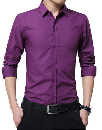 男修身2018秋季黑色长袖男韩版帅气纯色工作服衬衣内搭青年寸衫 紫色