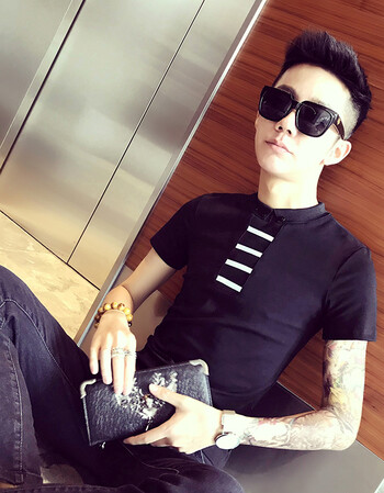 夏季印花雪纺短袖t恤男polo衫韩版高领衬衫社会小伙个性立领上衣 黑色