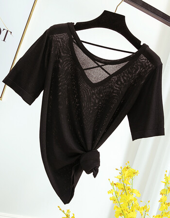 短袖t恤女夏冰丝宽松圆领女韩版色后背交叉背小心机t恤 黑色 均码