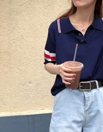 韩国 版型狠好看 宽松显瘦polo领三粒扣短袖针织t恤女上衣夏 藏蓝色