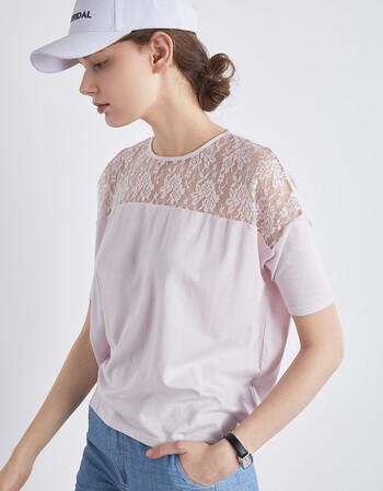 夏尔维纳夏装新款前片蕾丝拼接短袖t恤女 蝙蝠落肩袖宽 太空粉 m