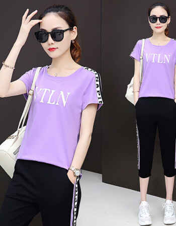 夏季新款韩版时尚女装短袖七分裤休闲运动两件套套装品牌同款 紫色 xl