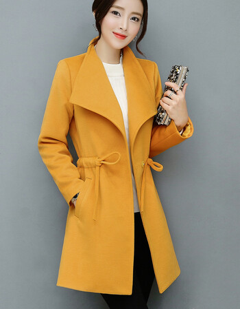 秋冬新款时尚中长款修身显瘦毛呢外套女装呢子大衣上衣 姜黄色 2xl