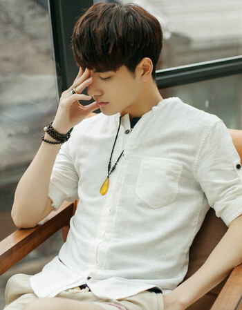 c2潮潮 夏季亚麻男士七分袖短袖衬衫 日系韩版立领男士修身青年休闲