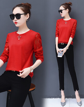 2018春季新款长袖t恤女衫体血土丅中年外穿秋衣打底杉遮肉上衣服 红色