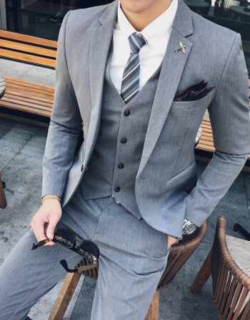 韩版男士修身一粒扣小西装套装西服三件套新伴郎礼服 中灰色-飞机款
