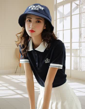 polo衫女可爱短袖韩版刺绣学院风软妹2018夏学生日系百搭t恤 藏青色 m