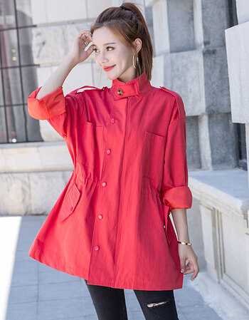 秋季风衣女中长款韩版春秋2018新款早秋宽松外衣秋装红色薄款外套